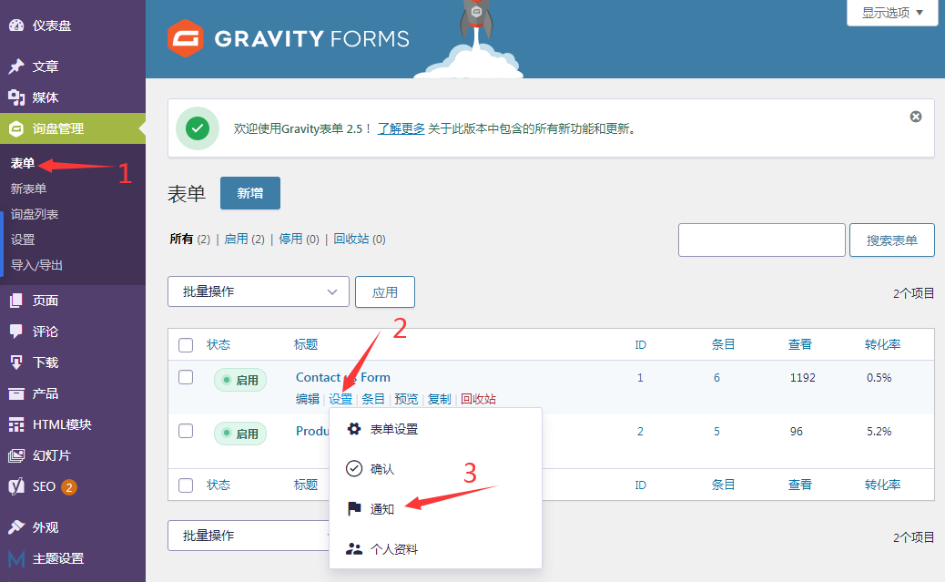 修改询盘接收邮箱-Gravity Forms