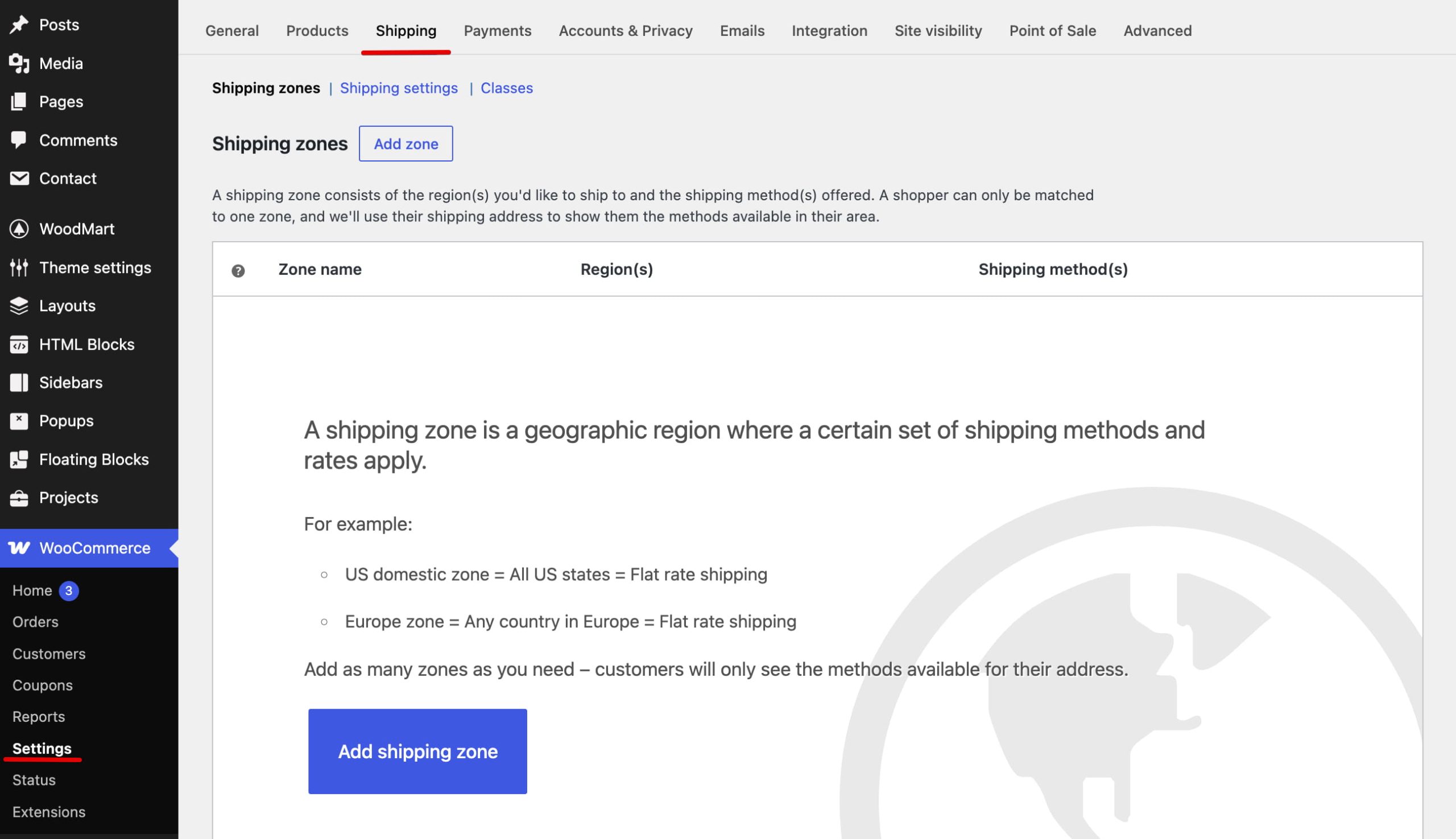 WooCommerce 配送设置页面,显示配送区域部分和添加配送区域按钮