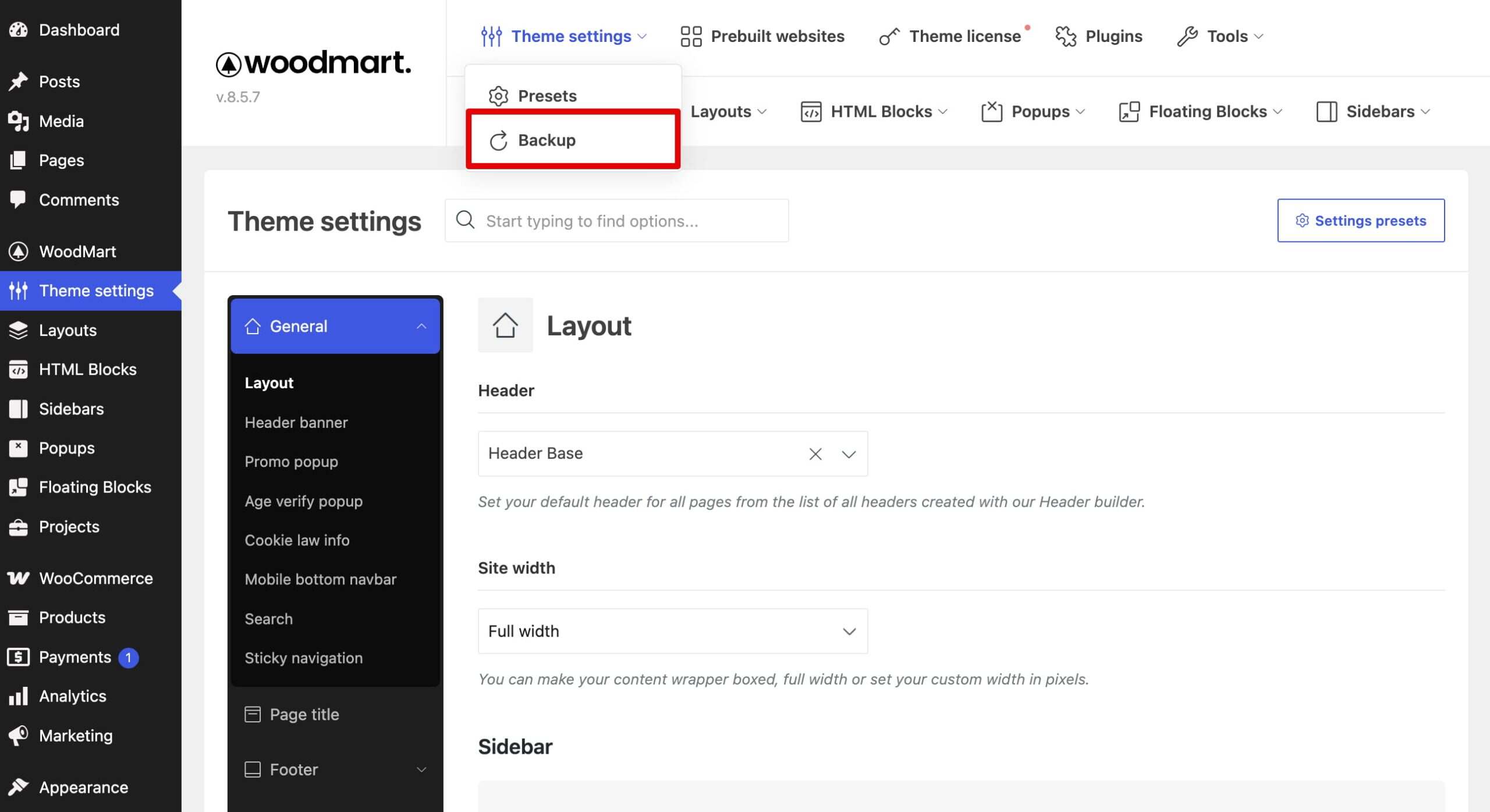 WordPress WoodMart 主题设置页面,备份菜单项已高亮显示